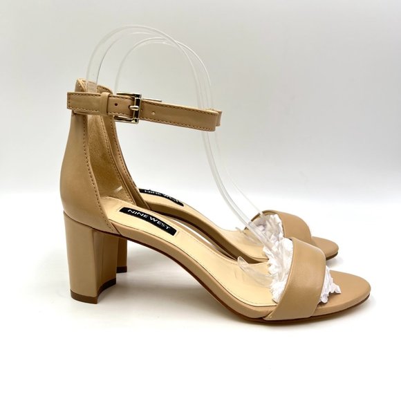 Nine West Womens Size 5.5 Natural Tan Beige Nude Block Heels Sandals Shoes - Picture 1 of 13